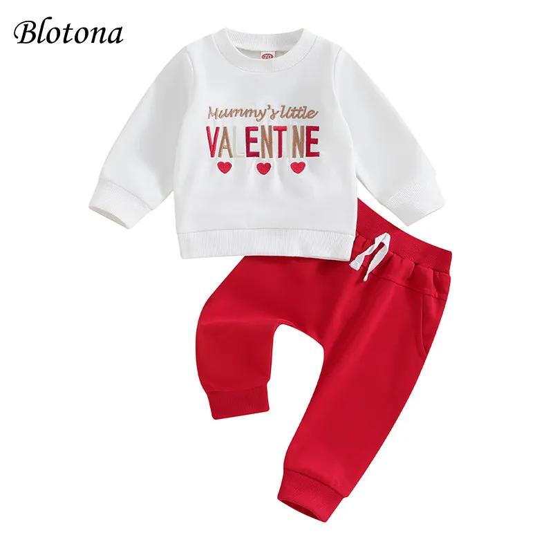 

Blotona Baby Valentines Day Set, Long Sleeve Crew Neck Embroidery Letter Sweatshirt with Elastic Waist Pants 2Pcs Outfit