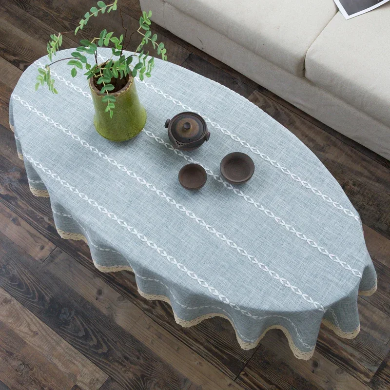 Cotton and Linen Oval Tablecloth Tea Table Striped Tablecloth Lace Coffee Tea Table Cloth Modern Nordic Table Cover Decoration