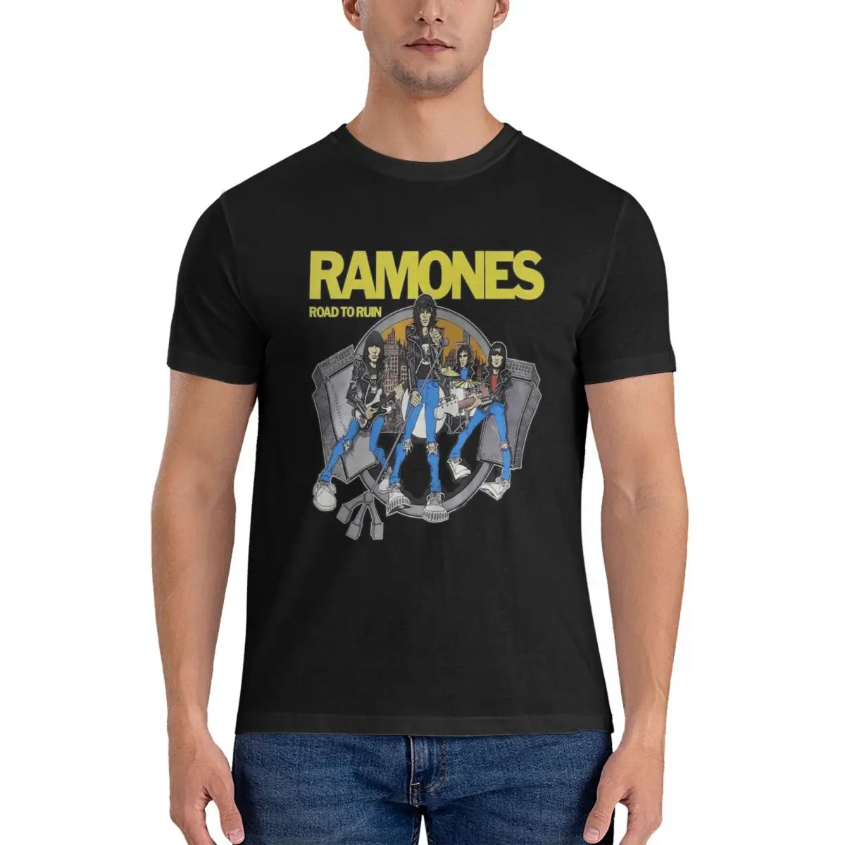 Humor R-Ramones Classic T-Shirt Men Round Collar Cotton T Shirts The R-Ramones Band Short Sleeve Tee Shirt Gift Tops