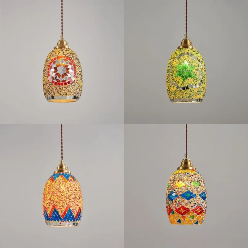 

Bohemian Retro Mosaic Glass Lamps Exotic Classical Parquet Painted Chandelier Southeast Asian Style Creative Aisle Pendant Light