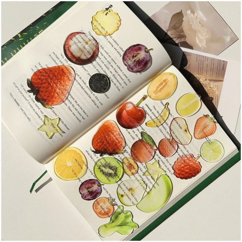 8pcs Mini Fruit Shaped Acrylic Bookmark Simulation Strawberry Lemon Kiwi Page Marker Transparent Decor Journal Scrapbooking