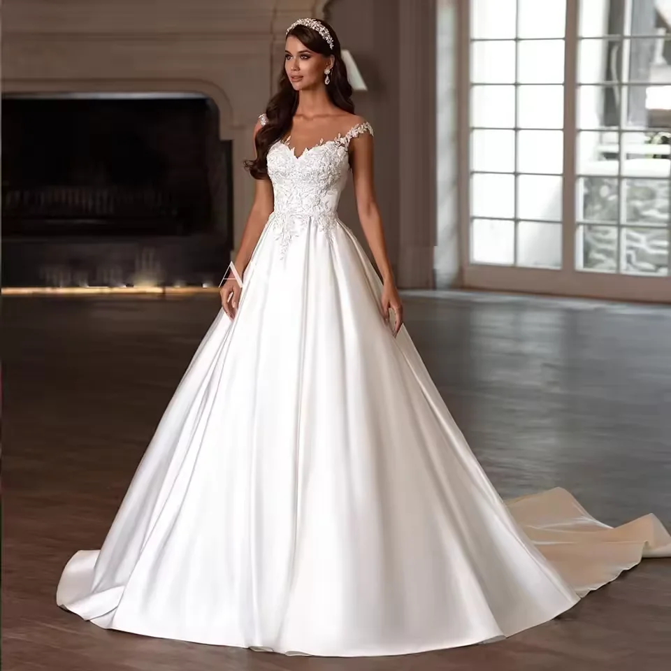 

Элегантное свадебное платье трапециевидной формы с круглым вырезом и короткими рукавами по индивидуальному заказу, атласное винтажное свадебное платье с аппликацией из бисера, Vestidos De Noiva