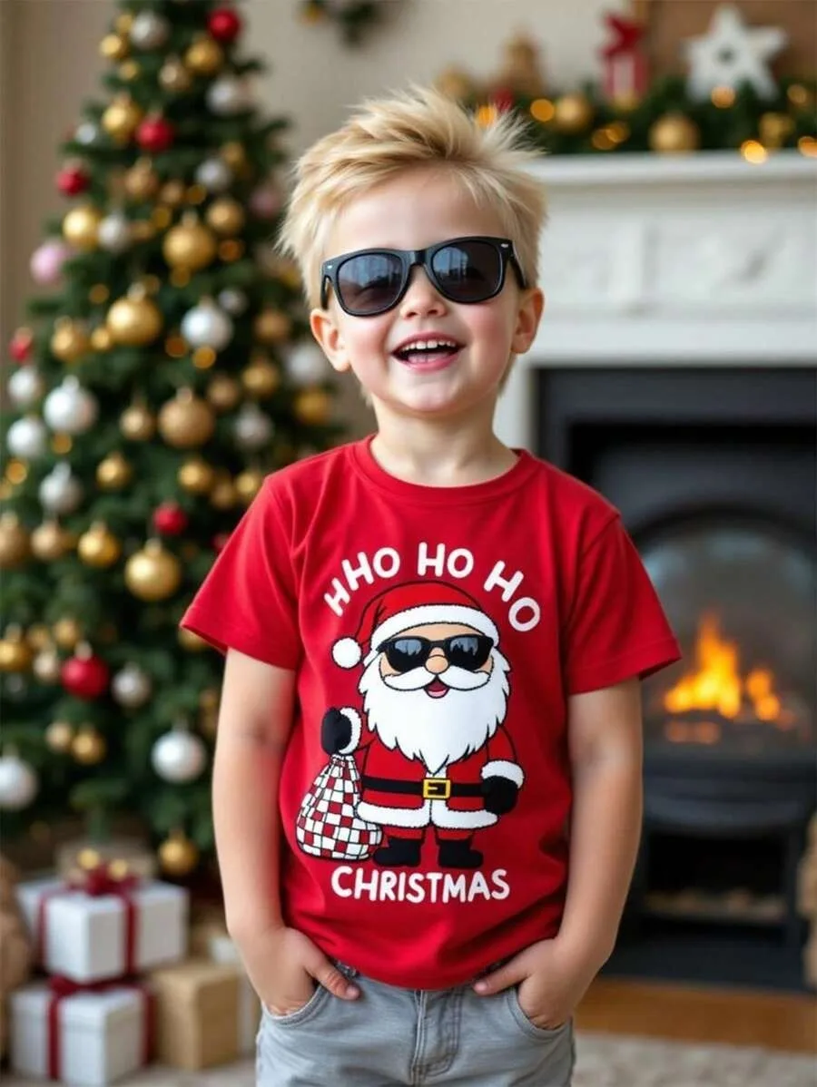 Novas camisetas para meninos, camisetas coloridas estampadas de Natal para crianças de primavera e outono, camisas de base para bebês, camisetas de manga curta