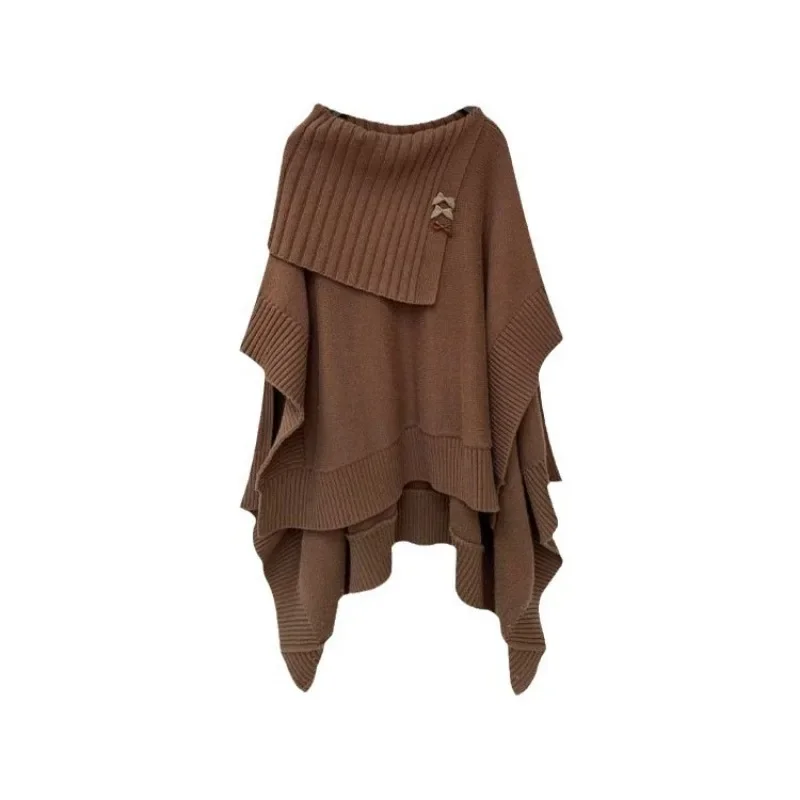 Women's Loose Outer Wear One Shoulder Knitted Hoodie CoatLazy Style Versatile Knitted Cloak Sweater