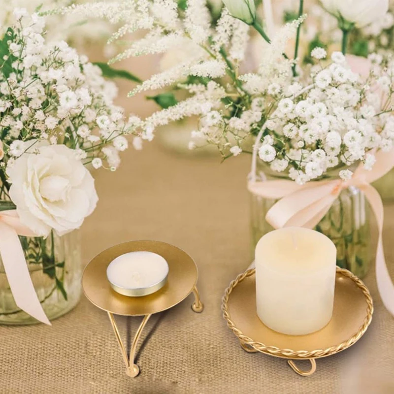 MAKE-حامل شمعة حامل شموع ذهبية مجموعة من 2 لوحة عمود حديدية مزخرفة مصنوعة يدويًا حامل شموع قطعة مركزية تناسب LED والشمع Ca