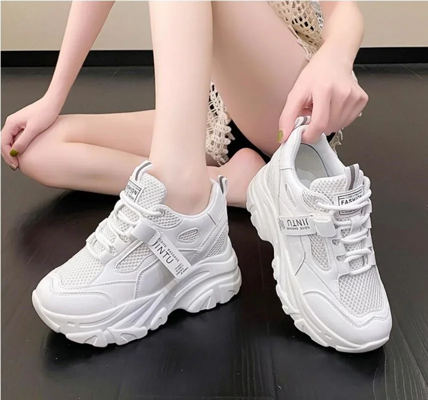 

2024 Spring Breathable Mesh Sneakers Hidden Increasing Sport Shoes Woman Wedge Casual Chunky Shoes High Platform Shoes 9CM