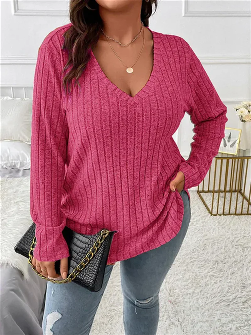 GIBSIE Plus Size Women's Casual V-Neck Long Sleeve Tees Shirt 2024 Spring Autumn Fashion Loose Ribbed Knit Tops for Women