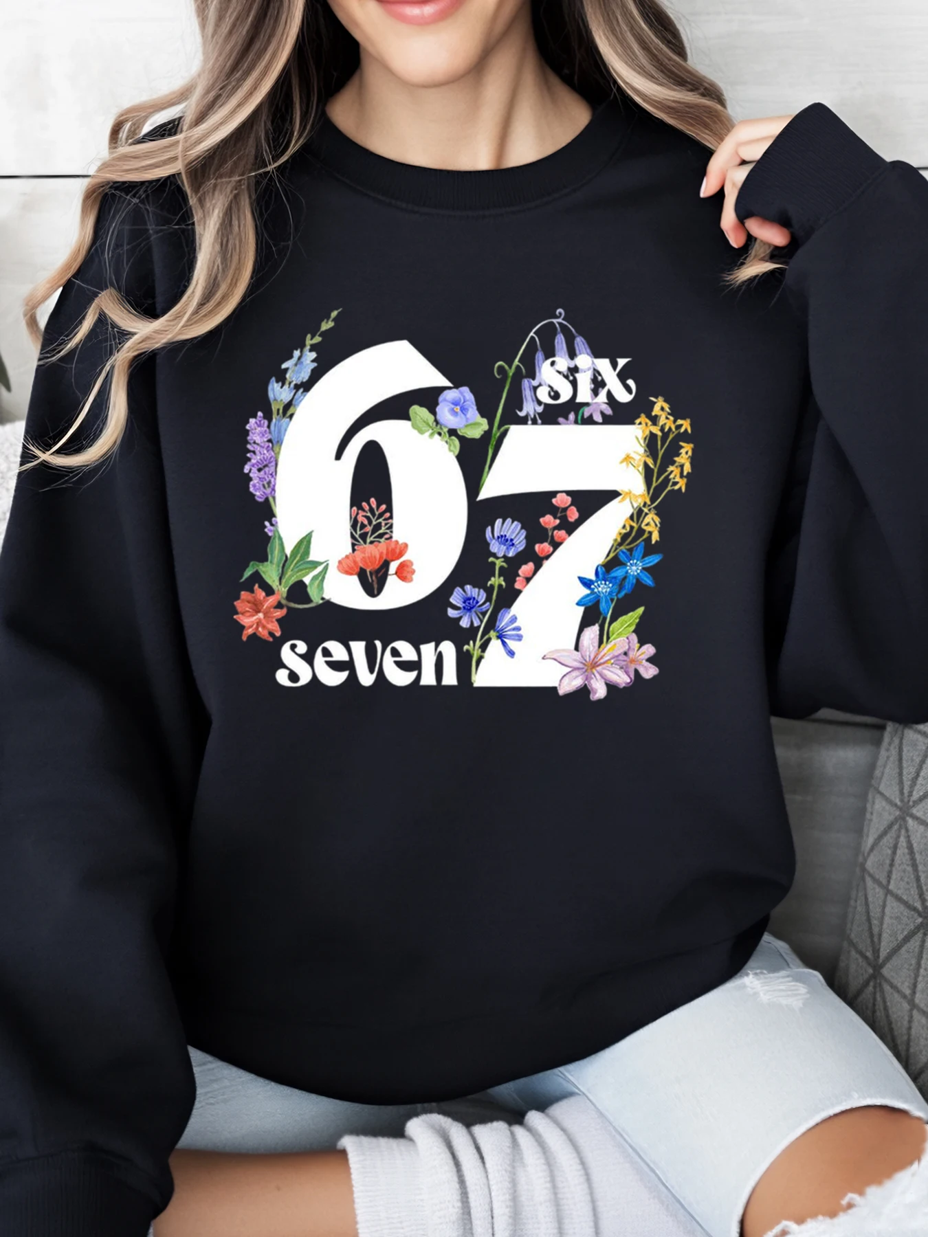 

Толстовка с цветочным принтом «Шесть семь цифр» на Хэллоуин, женская повседневная одежда, наряд для вечеринки, черный, большие размеры