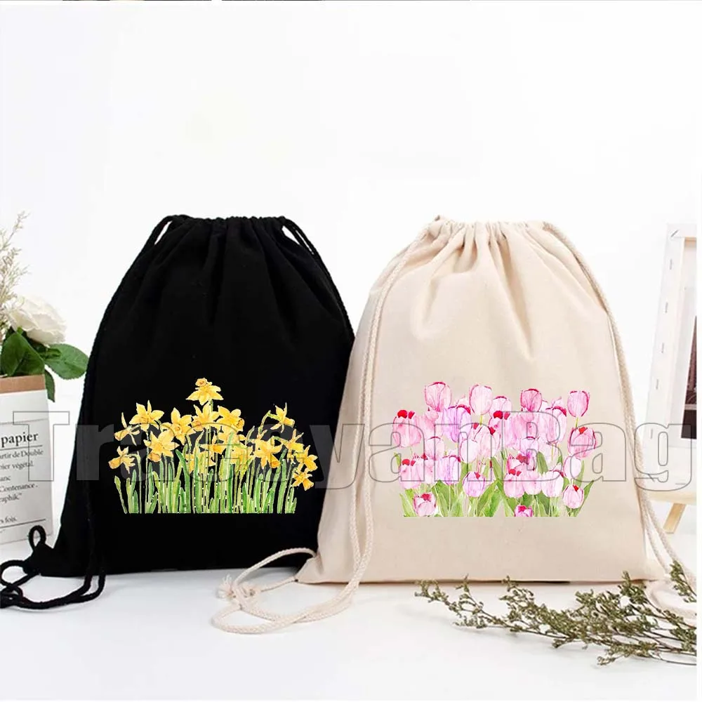 

Watercolor Wildflowers Cactus Tulips Cosmos Flowers Gift Camellia Daffodil Lavender Drawstring Backpack Gym Sackpack String Bags