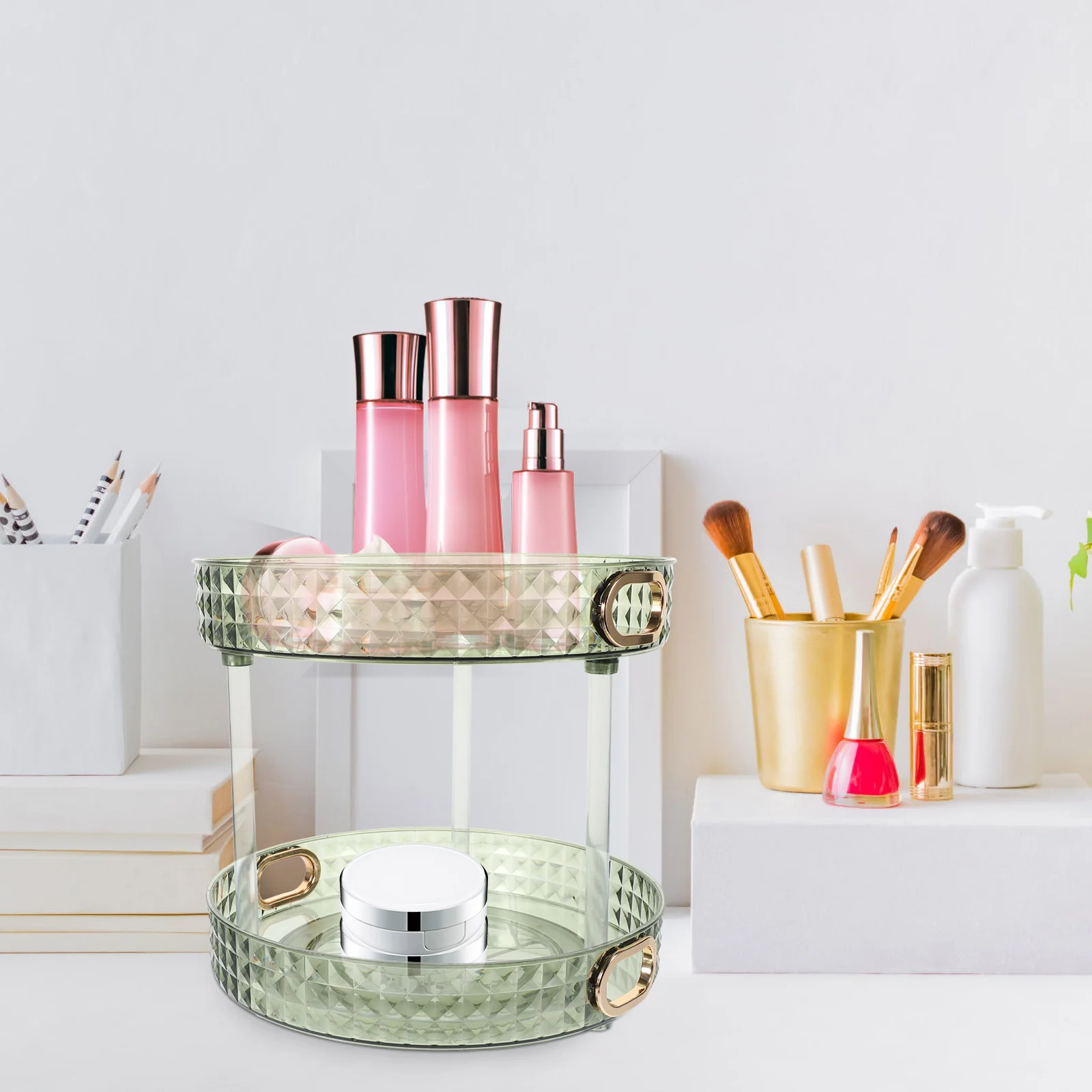 

Double Layer Rotating Makeup Organizer Storage Vanity Organizer for Bathroom Countertop Small Makeup Holder
