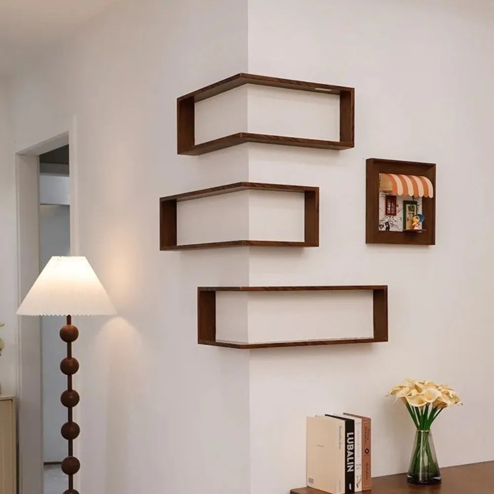 90 Degree Corner Wall Shelf Floating Shelf Wall Mounted Wooden Display Shelf Suspended Corner Bookshelf Wall Organization