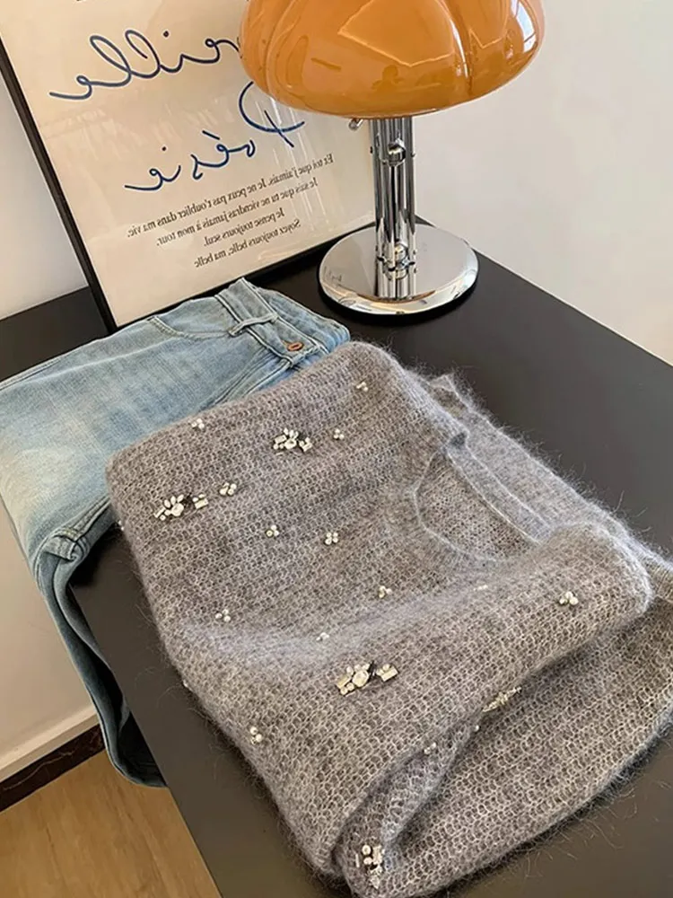 

Comfortable Long Sve Knitted Sweater Women's Loose Casual Sle Overhead Design Diamond Embellied Top Anti-Aging Trendy