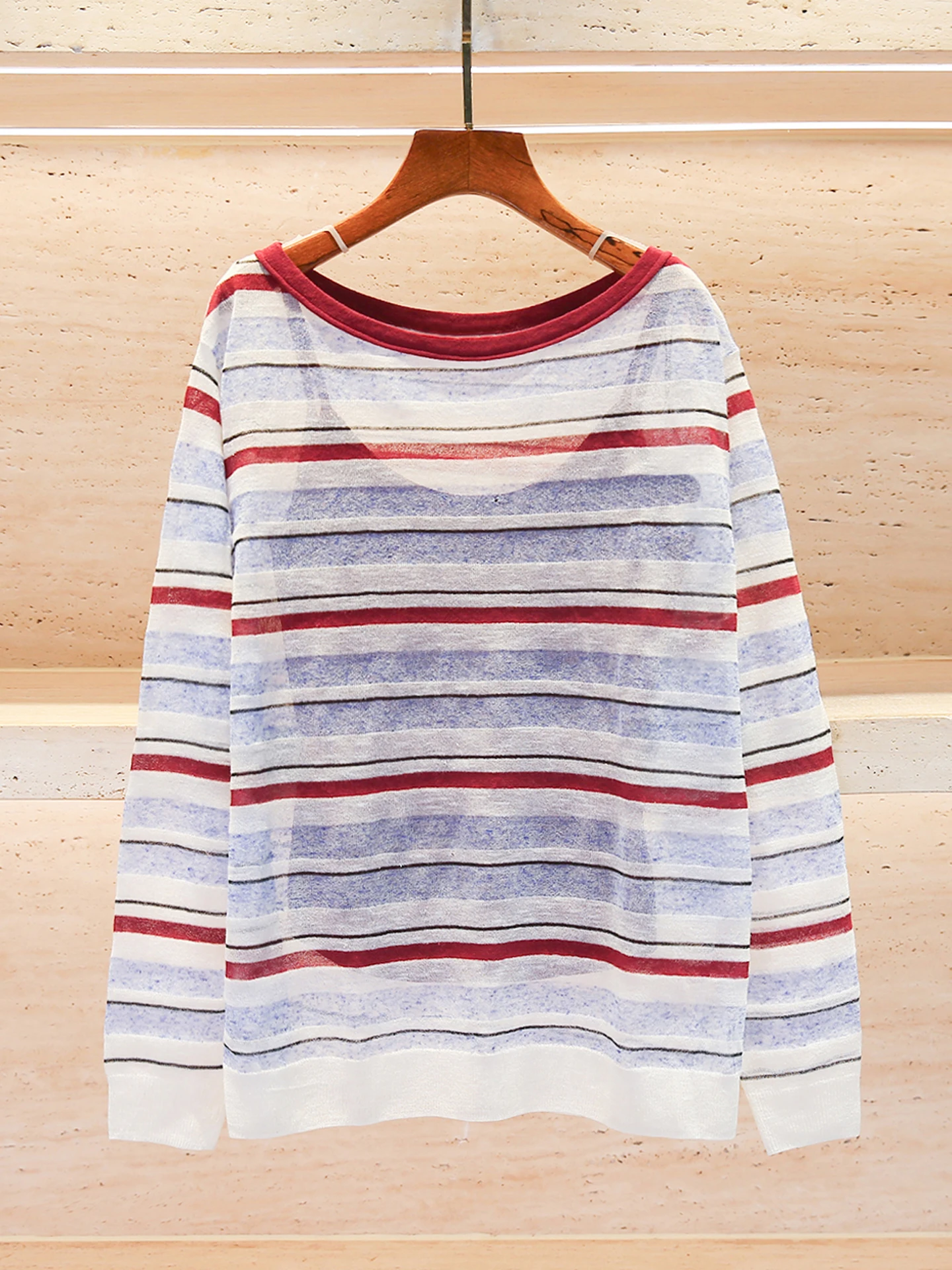 

Loose Knitted Stripe T-Shirt Women's Summer Spring Casual Style round Neck Long Sleeve Top Comfortable Soft Medium Thickness