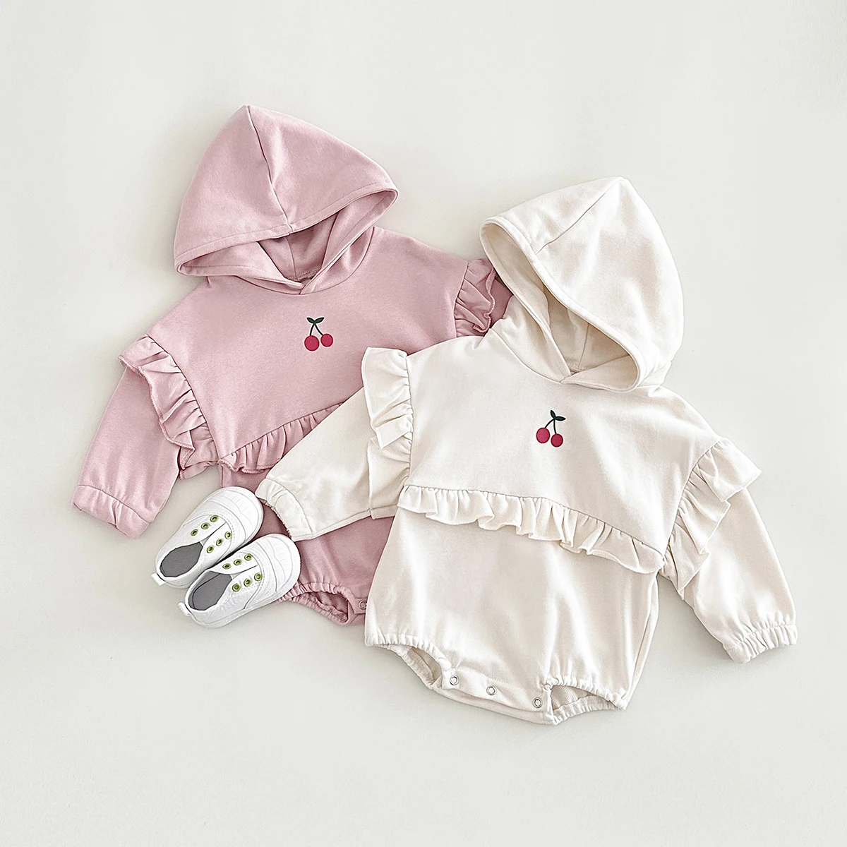 0-18M Infant Baby Clothes Girls Hooded Frill Cherry Print Long Sleeved Jumpsuit Cotton Baby Romper Clothes Toddler Spring