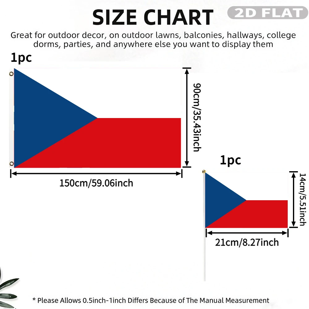 2D FLAT 1 Pack Czech Republic National Flag & Handheld Flag, White-red Horizontal Stripe with Blue Triangular Pattern, Polyester