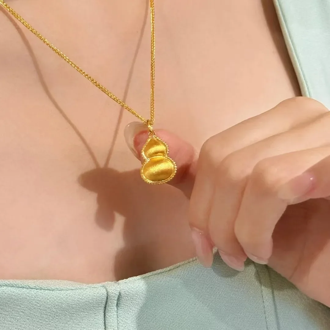 Fine K18 Gold Colol Brushed Gourd Chain Pendant for Women O Chain Clavicle Necklace Birthday Valentine's Day Gifts