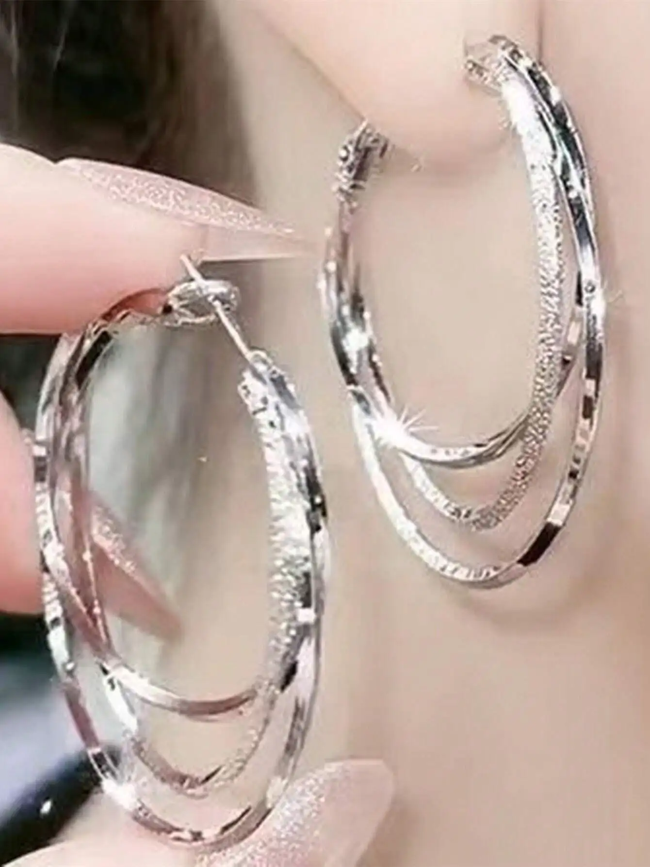 

3-Layer Silver Hoop Earrings, Luxury Goddess Style, Dramatic Statement Jewelry for Christmas Gift