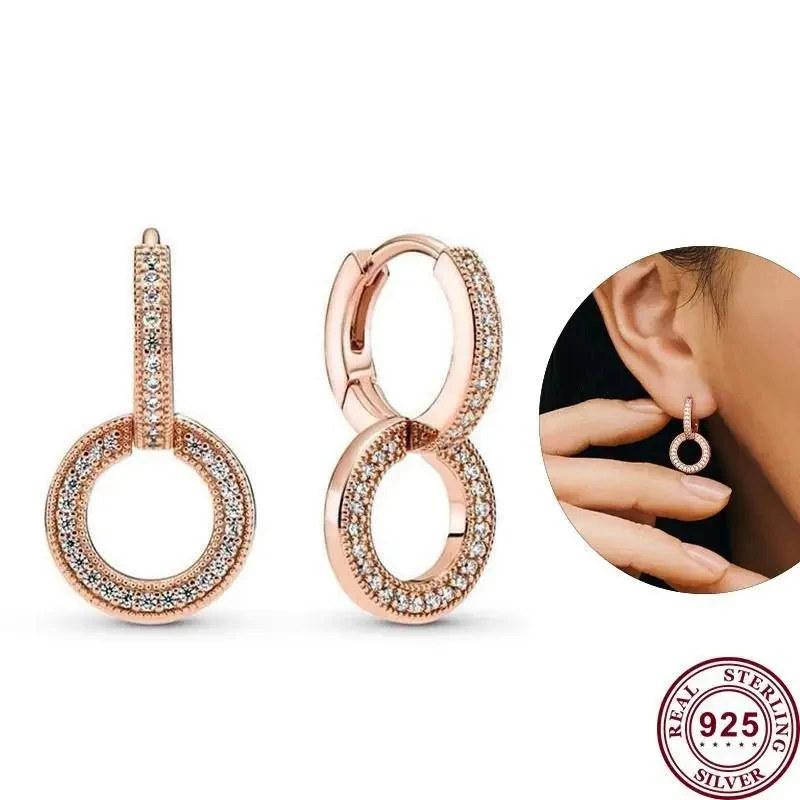 Conjunto de pendientes de plata de ley 925 para mujer, aretes con logotipo de doble anillo, circón redondo brillante, joyería artesanal, gran oferta