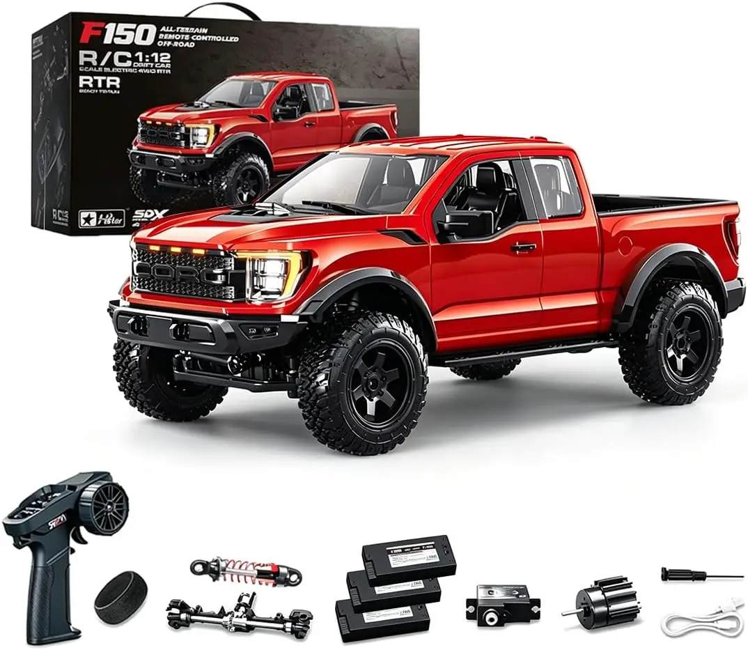 1:12 Scale F150 Raptor Style 4WD RC Off-Road Truck, 15KM/H High Speed Remote Control Car 2.4GHz All Terrain Pickup with Lighting