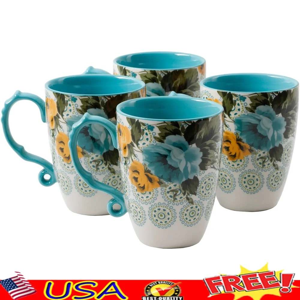 

Floral Design Stoneware Latte Mug Set 4 Pieces Microwave Safe Ideal Coffee Tea Parties Home Dining
