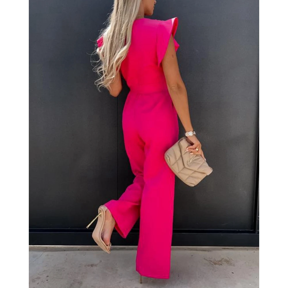 Women Ruffle Hem Straight Leg Sleeveless Jumpsuits Overalls for Women Office Lady One-Piece Outfits O Neck Solid Belted Jumpsuit