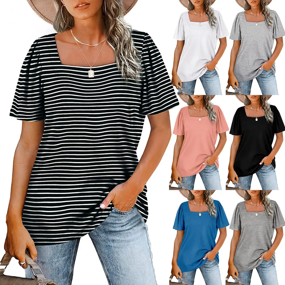 Camisa feminina de gola com babados, blusa quadrada solta, blusa de manga curta, camiseta que combina com tudo, moda casual, nova, verão