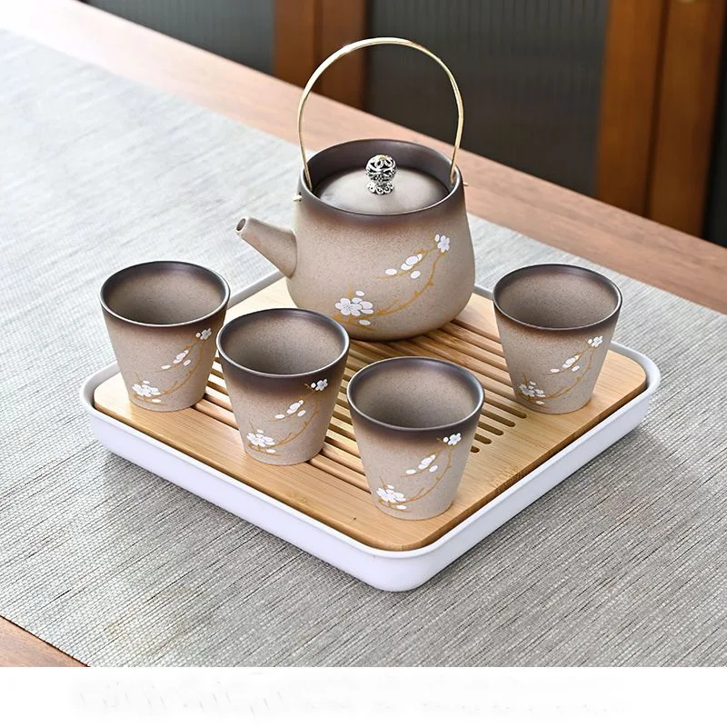 

Household cherry blossom ceramic kung fu tea set portable travel tea set handle pot teacup tea tray