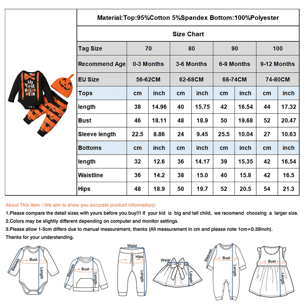 0-12M Halloween 3Pcs Babies Suit Autumn Newborn Boys Girls Romper+Pants+Hat Baby Infant Bodysuit Funny Pumpkin Printed Costume