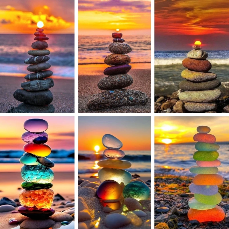

Colorful Rock Art on The Beach Scenery 5D Full Circle Diamond Painting DIY Diamond Mosaic Embroidery Cross Stitch Holiday Gifts
