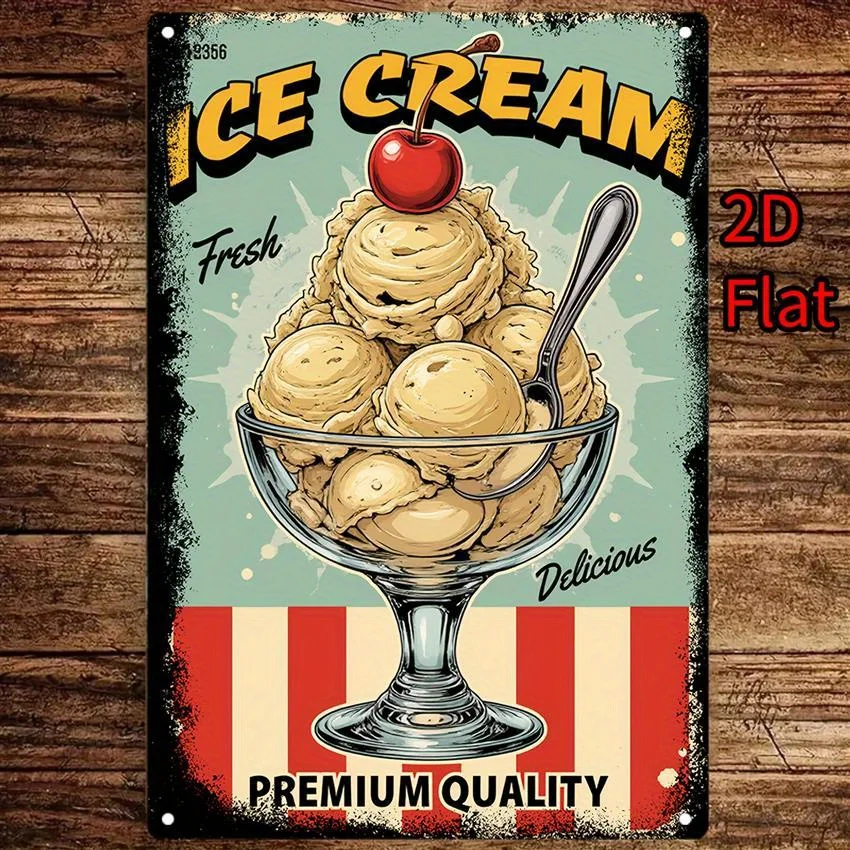 Vintage Ice Cream Parlor Wall Art - Heavy-Duty Metal Retro Diner Sign with Teal & Red Color Scheme