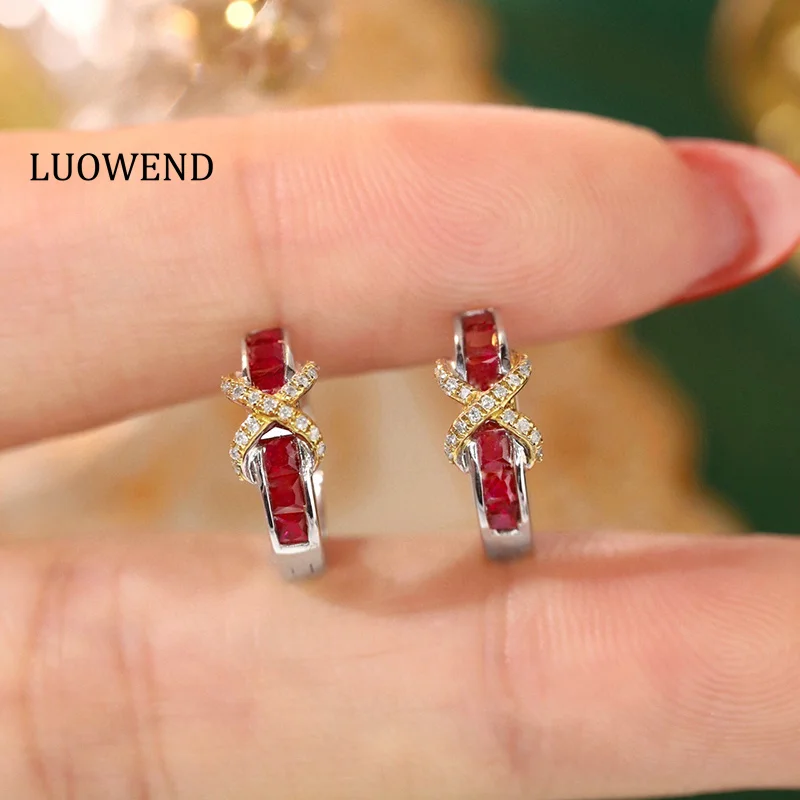 

LUOWEND 18K White and Yellow Gold Earrings Fashion INS Style Real Diamond Natural Ruby Earrings for Women High Wedding Jewelry