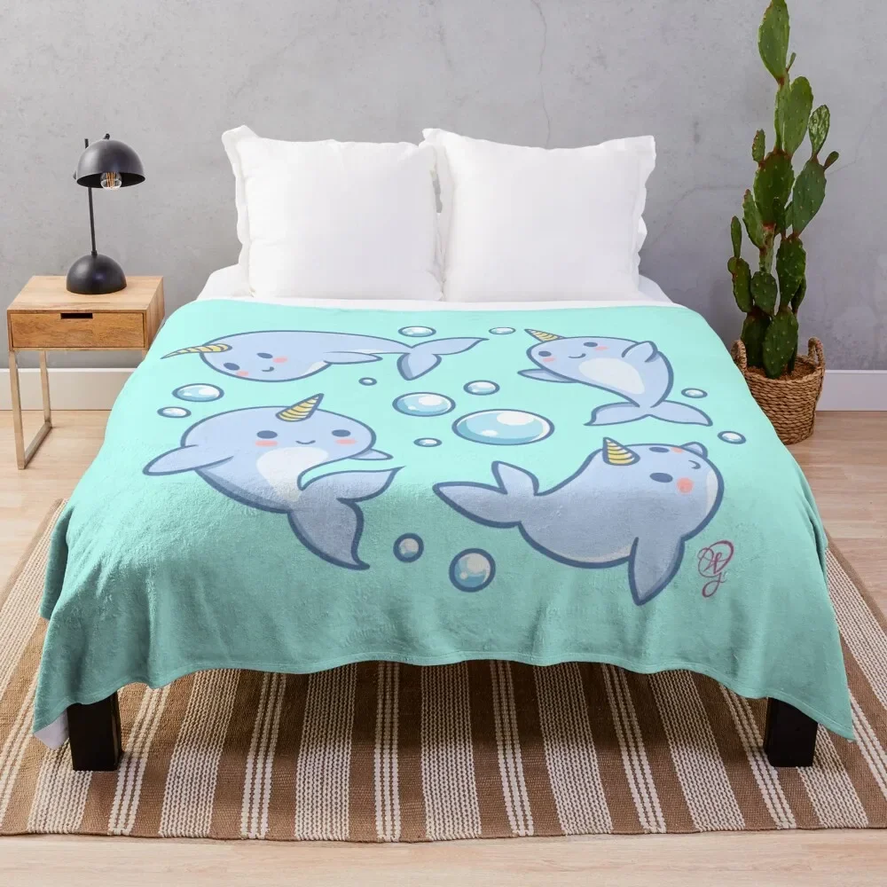 Cartoon Narwhals Flannel Throw Blanket Cute Wild Sea Animals for Bed Sofa Couch Decor Lightweight Warm Super Soft Birthday Gift