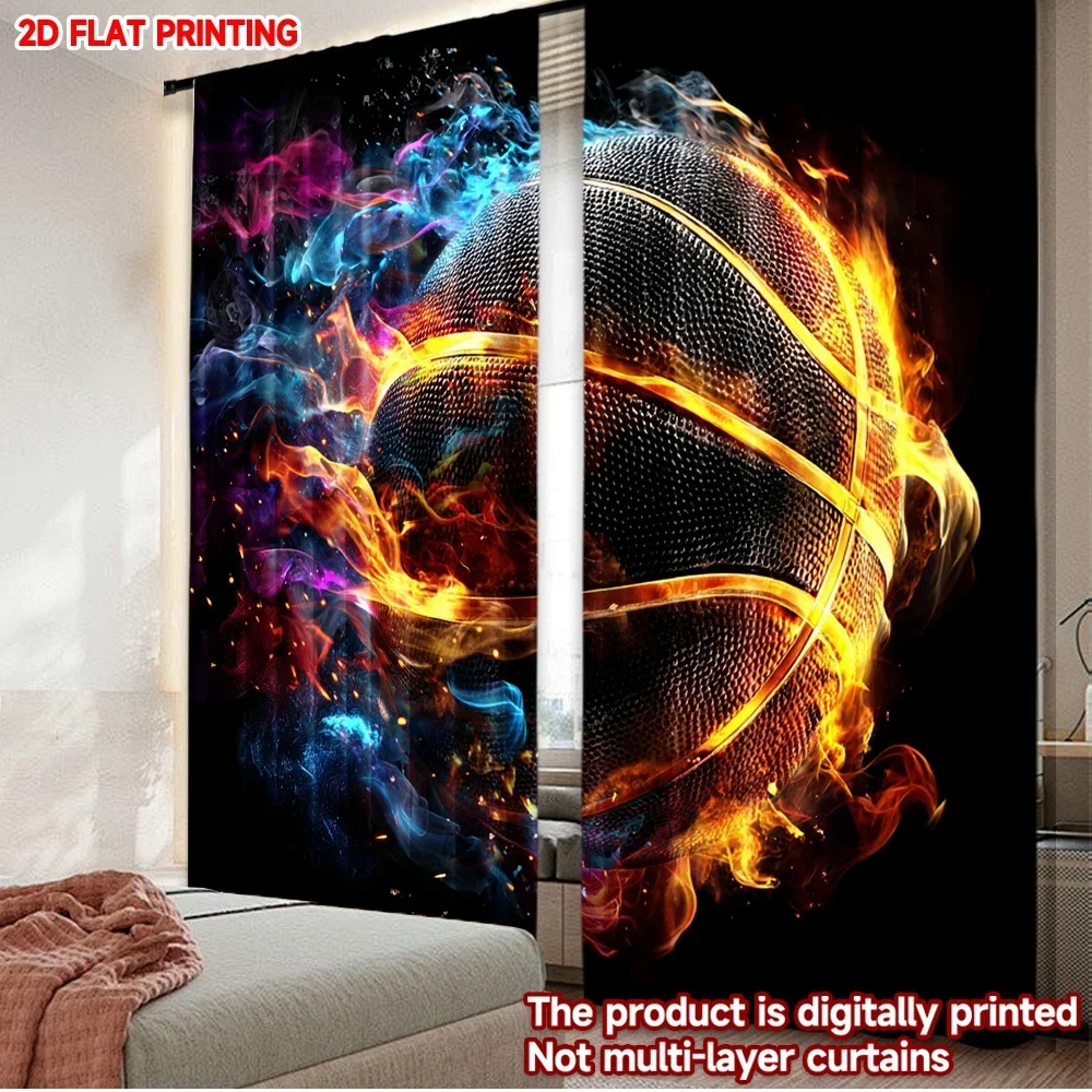 2pcs Flaming Basketball Curtains Digital Printing, Dynamic Orange Blue Fireball on Black Background for Sports Fan Room Decor