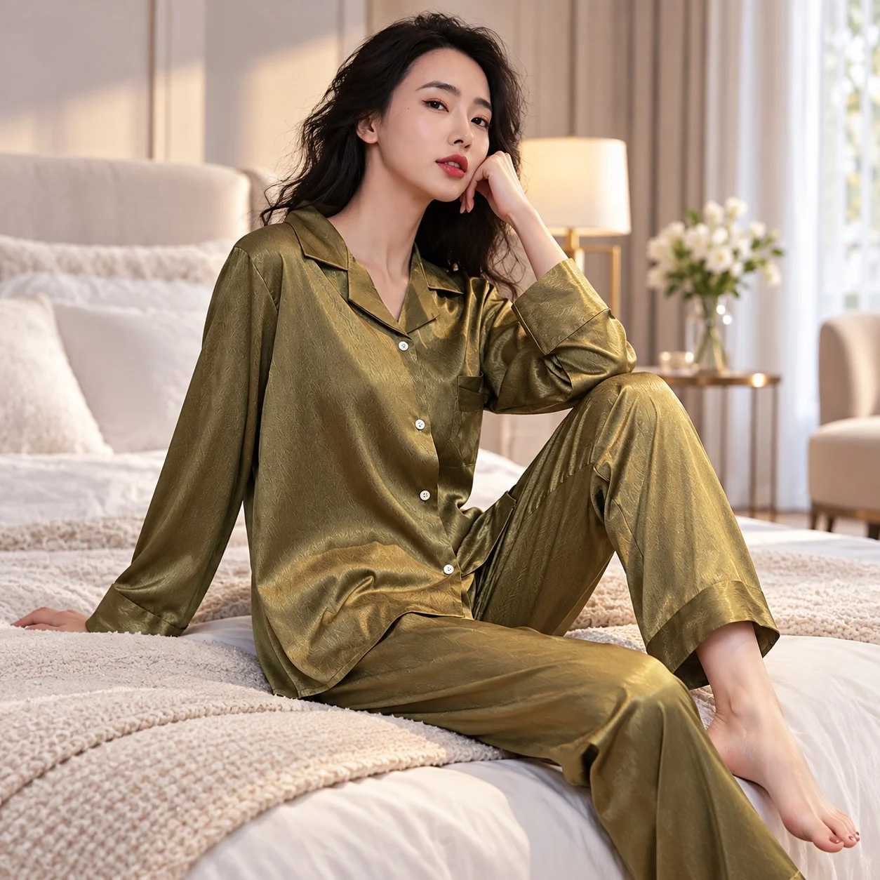 Long Pants Long Sleeve Set Full Length Luxury with Open Front for Women Spring Summer Autumn Wedding Photo Studio Hotel Spa