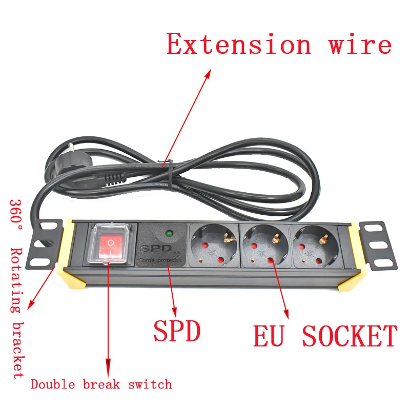 360 Swivel bracket PDU Power Strip Network Cabinet Plug Socket SPD 16A EU Outlet 2m Extension Cord