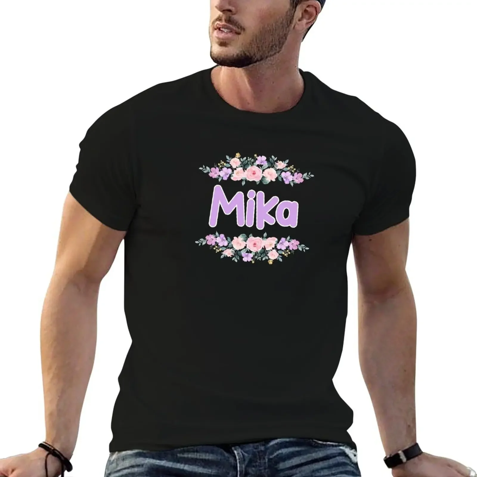 Purple Flower Mika Name Label (Black) T-Shirt plus sizes vintage summer shirt oversized graphic tee men clothing