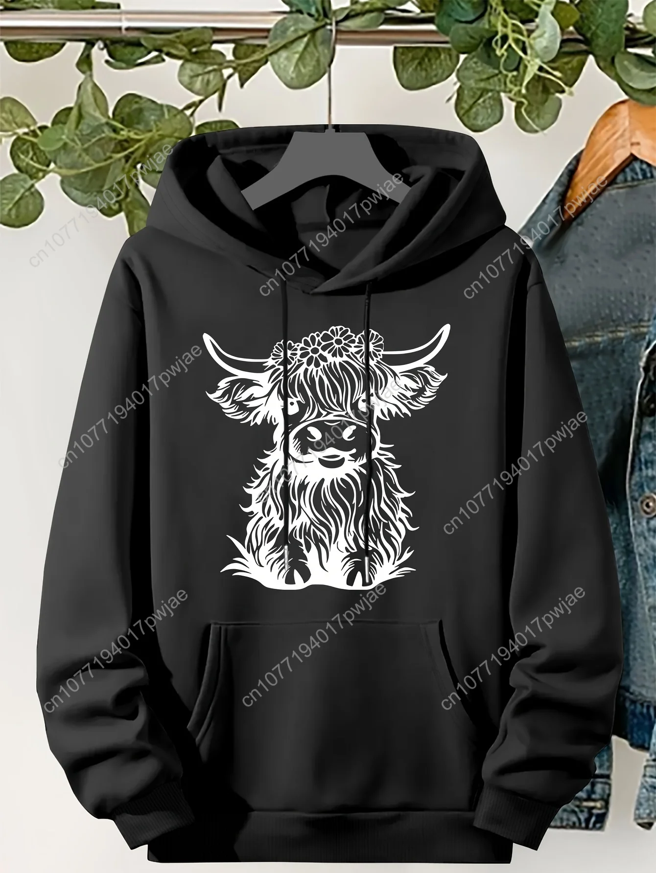 Sweat à capuche confortable grande taille imprimé Yak pour femme – Pull décontracté à manches longues avec poches, polyester extensible doux, parfait pour l'automne