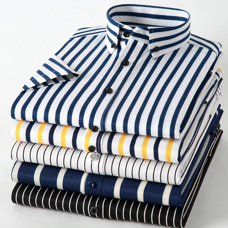 Striped Shirts for Men Short Sleeve Strech Summer Soft Business Dress Shirt Casual Regular Fit No Pocket Social Non-iron Blouse