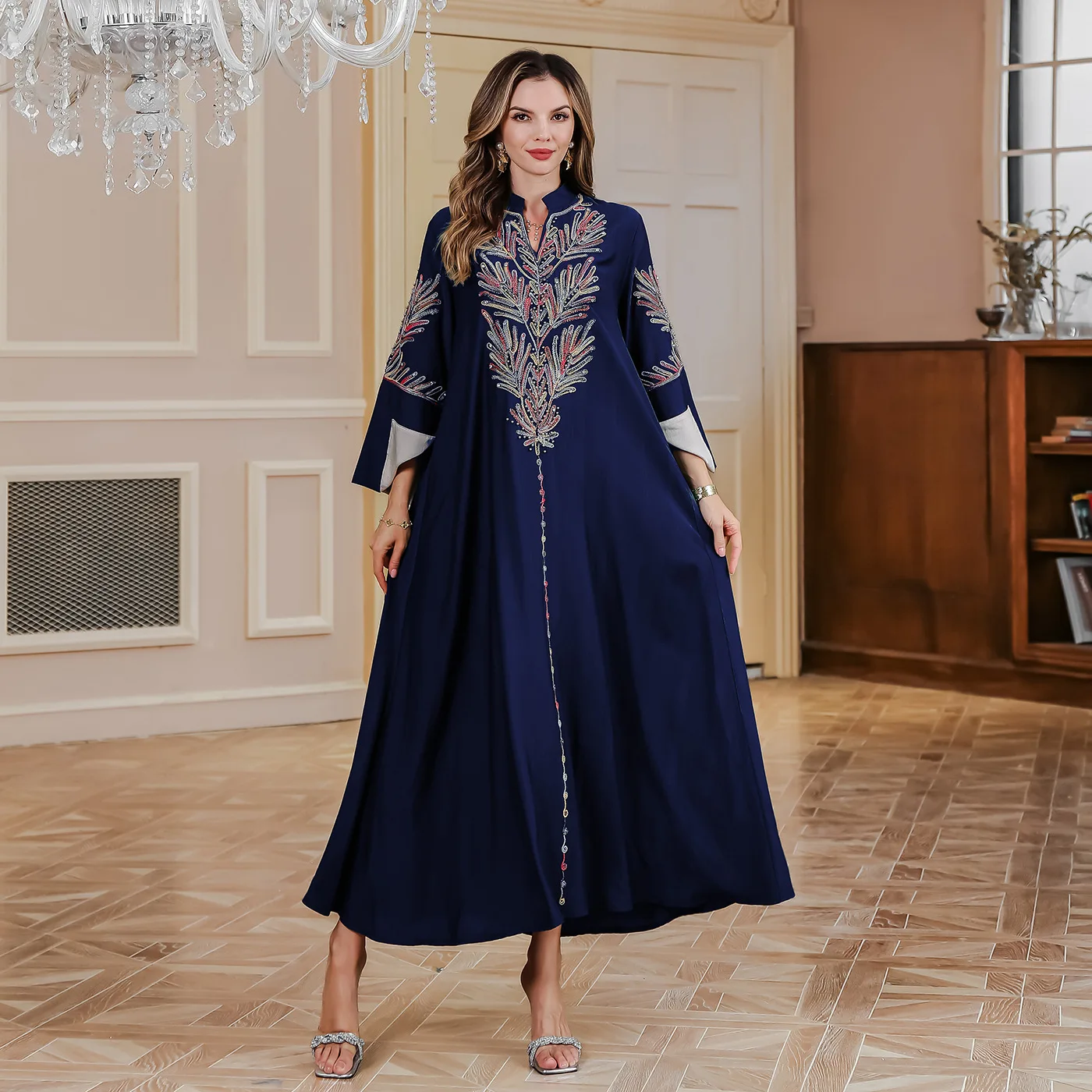 Retro Flower Embroidery Abaya Muslim Beads Dress Women Folding Split Sleeves Jalabiya Loose Robe Islamic Kaftan Ramadan Gown