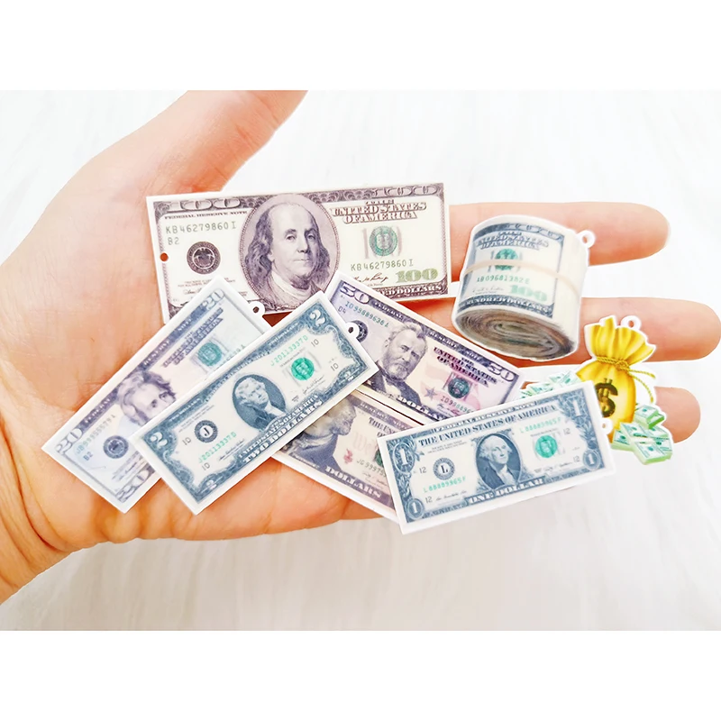 Mixed 20/50PCS Acrylic Money Dollar Species Charms Flat Back Planar Pendants for DIY Earrings Hairpin Jewelry Making