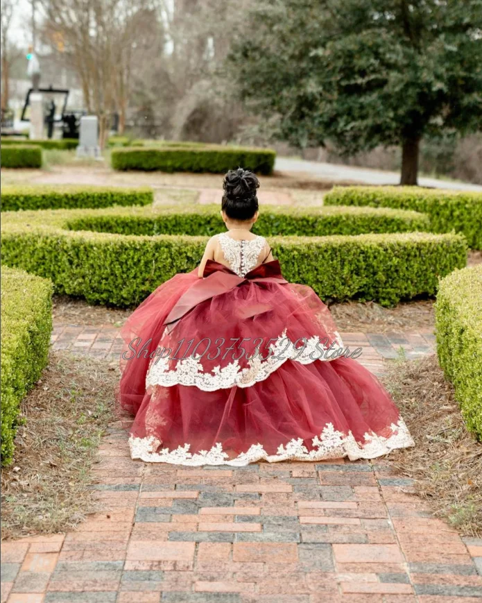 Luxury Bean Pink Flower Girl Dress 2024 Delicate O Neck Applique Layered Tulle Bow Decoration Little Princess Party Dresses