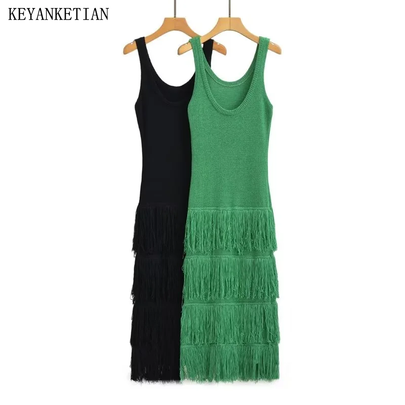 

KEYANKETIAN Summer New Women's Cascading Tassel Knitted Dress Holiday wind Design Chic Tight Stretch Sleeveless MIDI Skirt