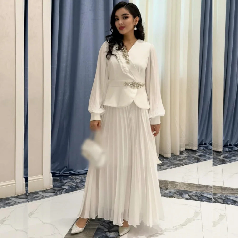 

Customized Fashion Intricate Chiffon Sequined Pleat A-line V-neck Midi Dresses Bespoke Occasion Matching