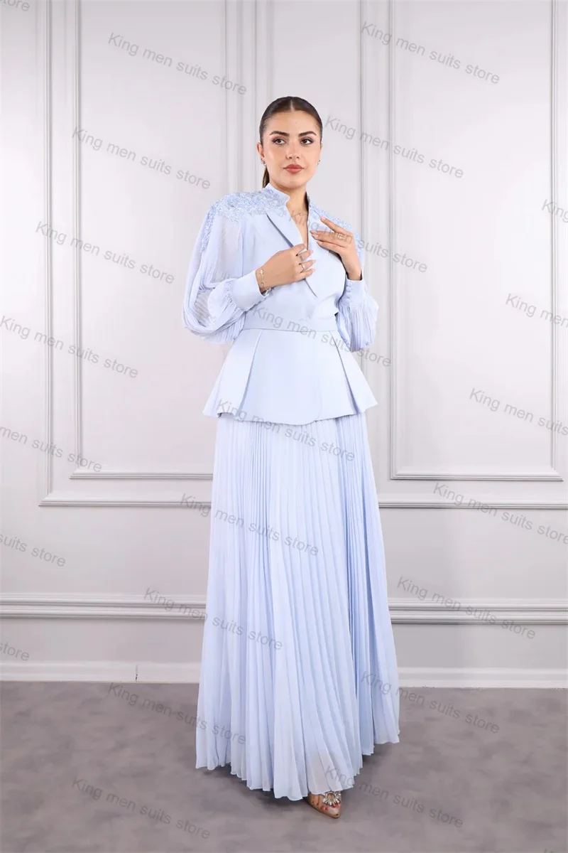 Light Blue Women Suits Skirt Set Wedding 2 Piece Blazer+Long Prom Dress With Belt Ruffles Tuxedo Custom Size Formal Jacket Coat