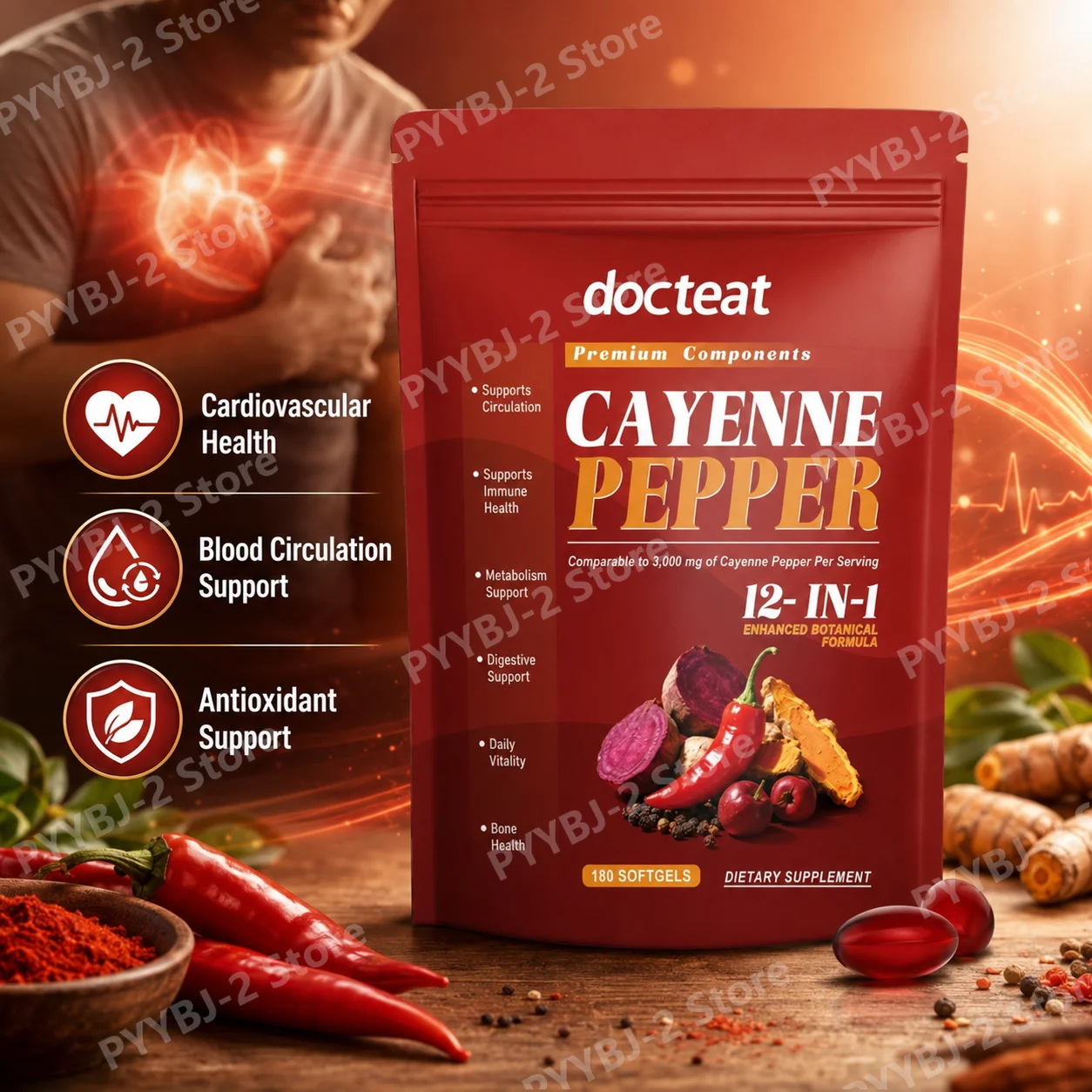 Cayenne Pepper Botanical Softgels Cardiovascular Blood Flow Support Plant Based Formula with Herbal Extracts180 Softgels