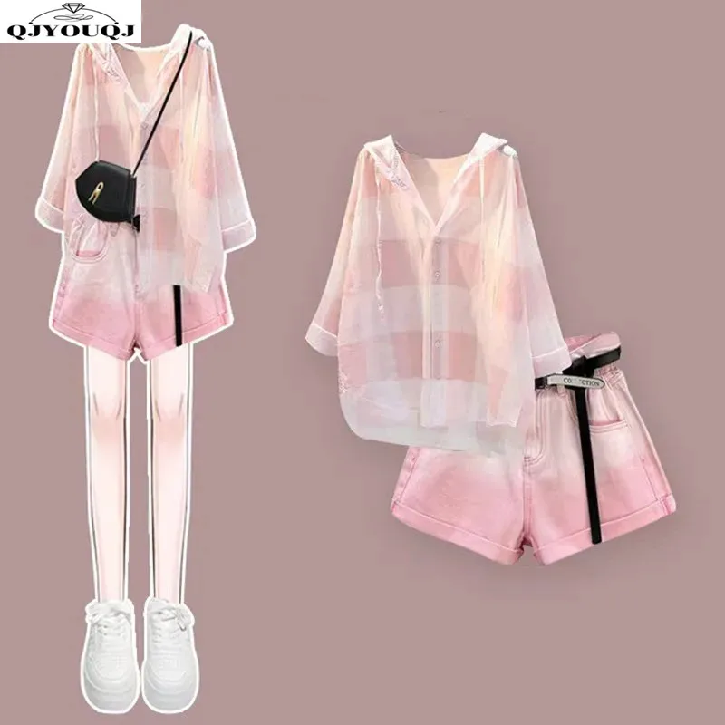 Spring/Summer Set 2024 Korean Edition New Large Women's Fashion Versatile Shirt Top with Cowboy Shorts Two Piece Set