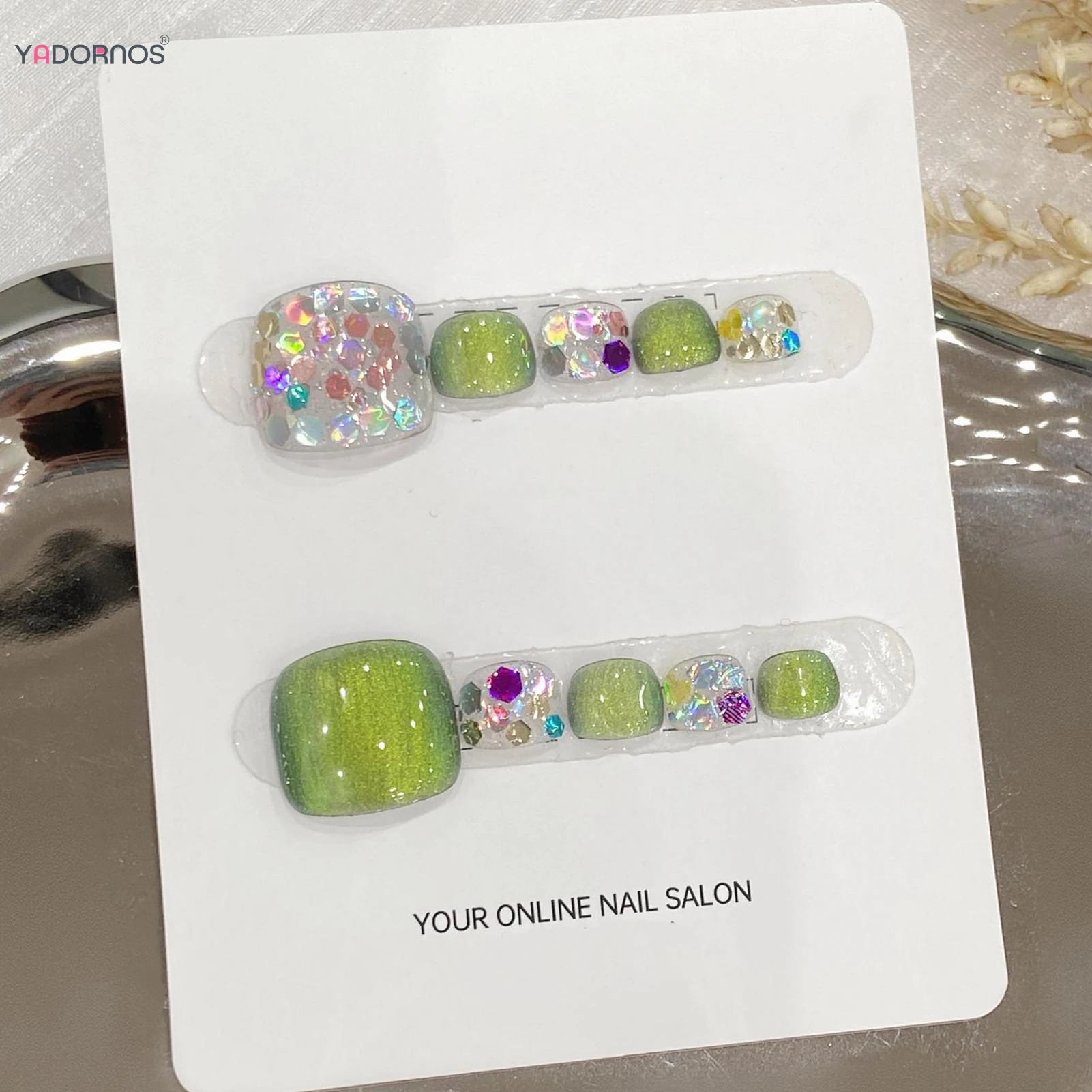 Uñas de los pies falsas hechas a mano para mujer, 10 piezas, diseños de diamantes de colores verdes brillantes, prensatelas para uñas de verano, manicura usable