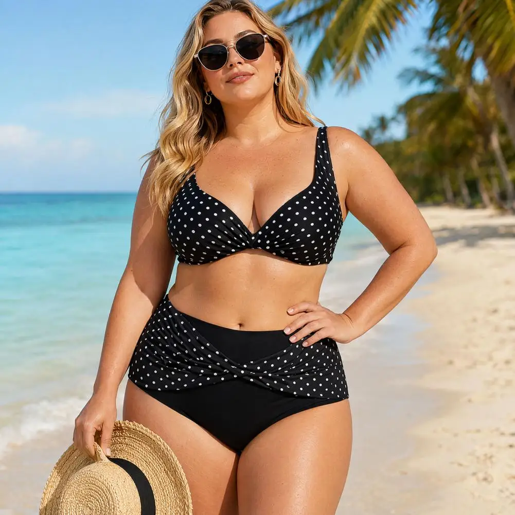 

Hong Kong Style Swimwear Plus Size Bikini Set Cross-chest V-neck Bra with Built-in Support High-waisted Twist Swim Bottoms Retro