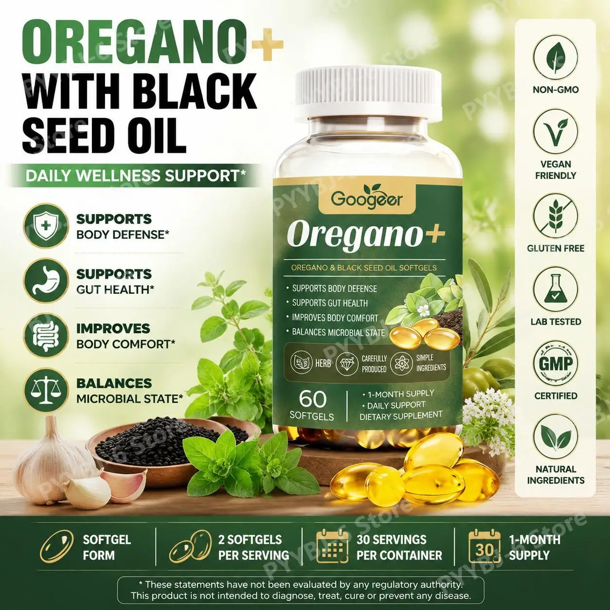 

Googeer Oregano & Black Seed Oil Softgels with Vitamin E, Oregano Leaf Extract, Supports Body Defense + Gut Health, 60 Softgels