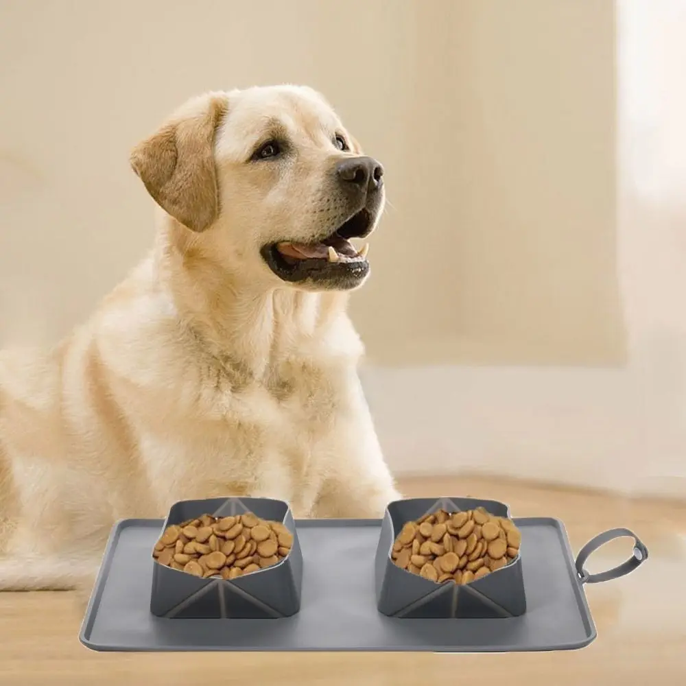 

Practical 2-in-1 Silicone Folding Dog Bowl Anti Slip with Flannel Bag Folding Double Bowls Soft Pet Food Bowl Travel